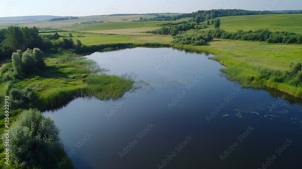 Aerial view of a serene lake surrounded by lush green fields and trees under a clear blue sky : Generative AI Aerial view of a serene lake surrounded by lush green fields and trees under a clear blue sky : Generative AI