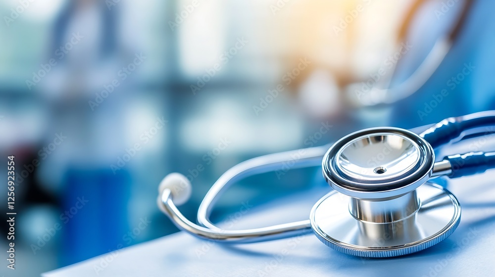 Stethoscope resting on medical table with blurred healthcare professionals in background : Generative AI Stethoscope resting on medical table with blurred healthcare professionals in background : Generative AI