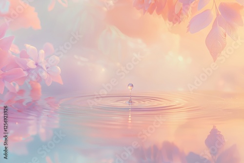 A single water droplet creates expanding ripples across a serene, pastel pond surrounded by flora. photo