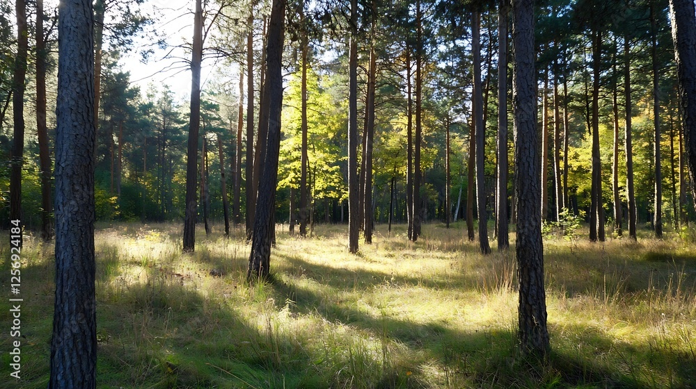 Obraz premium Sunlight Filtering Through Tall Trees in a Peaceful Pine Forest : Generative AI
