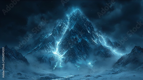 Glowing mountain peak, night storm, snowy landscape, fantasy art, game background photo