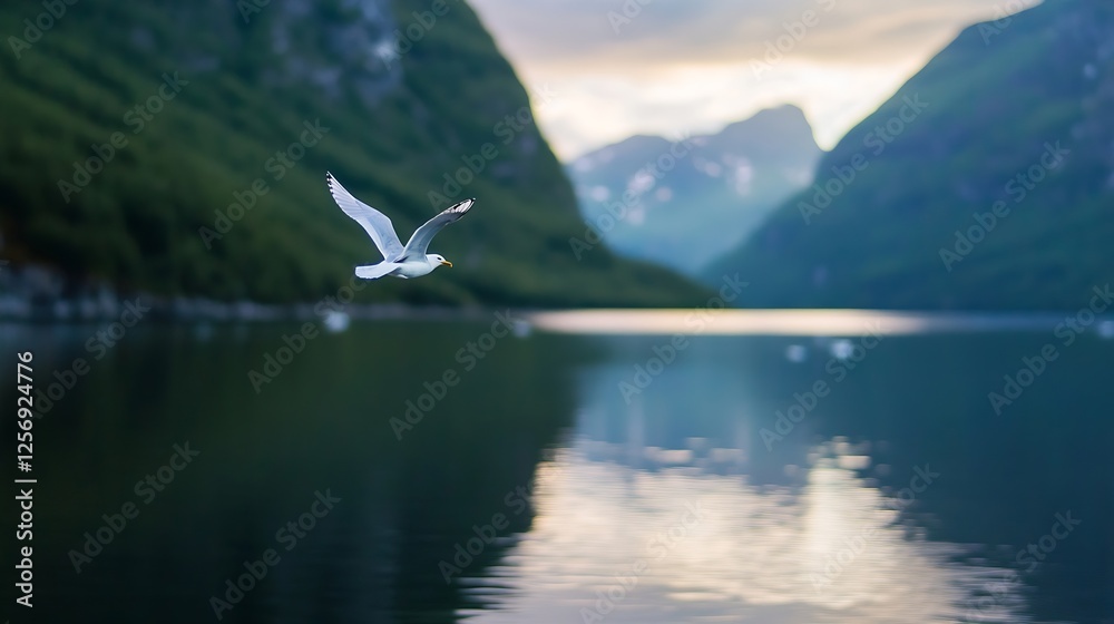 Fototapeta premium A graceful white bird flying high over calm waters during a stunning sunset in the mountains : Generative AI