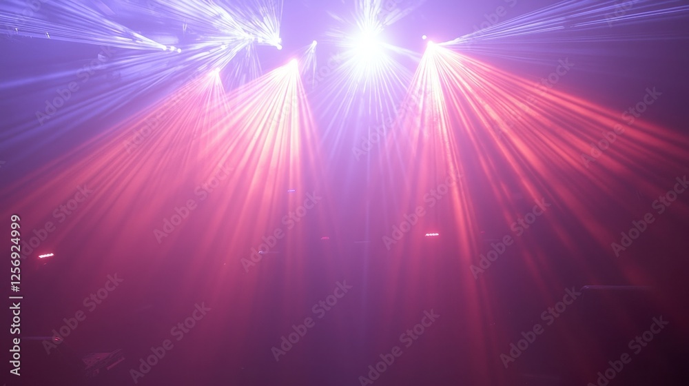 Obraz premium A dramatic concert light display with red and blue laser lights glowing through thick stage fog.