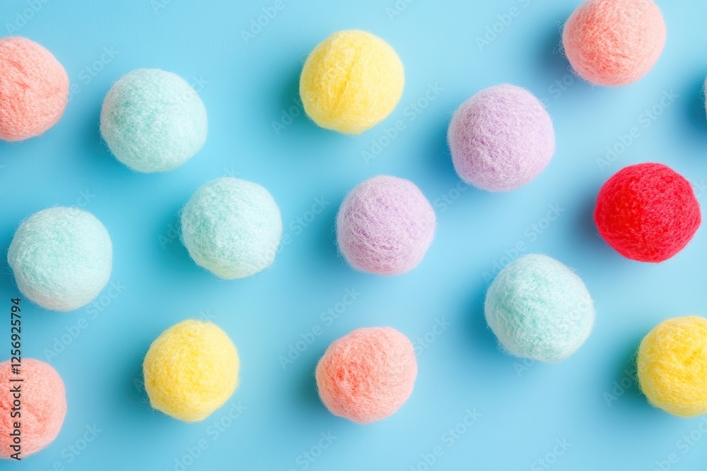Colorful Fluffy Balls Arranged on Blue Background: A Delightful Pastel Scene Colorful Fluffy Balls Arranged on Blue Background: A Delightful Pastel Scene