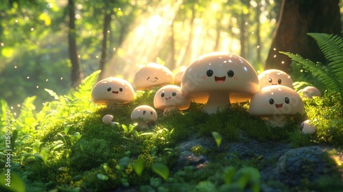 Whimsical forest scene featuring cheerful cartoon mushrooms surrounded by lush greenery and sunlight