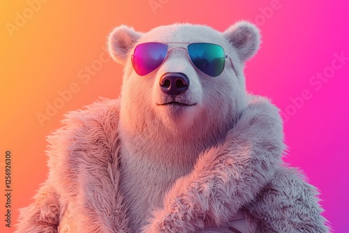 A stylish polar bear flaunts iridescent sunglasses and a luxurious fur coat against a vibrant backdrop.