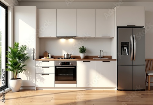 Warm and Minimalist Kitchen: Ultrarealistic 4K Photo Featuring Simple White Cabinets, House Plants, Open Fridge, Cozy Interior Design, Wide Angle Front View

