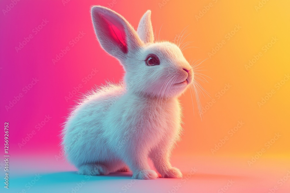 A fluffy white bunny sits against a colorful gradient background, looking curious and adorable. A fluffy white bunny sits against a colorful gradient background, looking curious and adorable.