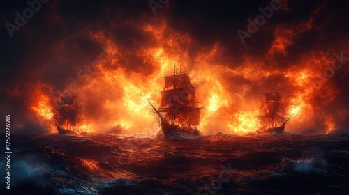 Dramatic scene of three ships engulfed in flames on turbulent seas under a stormy sky