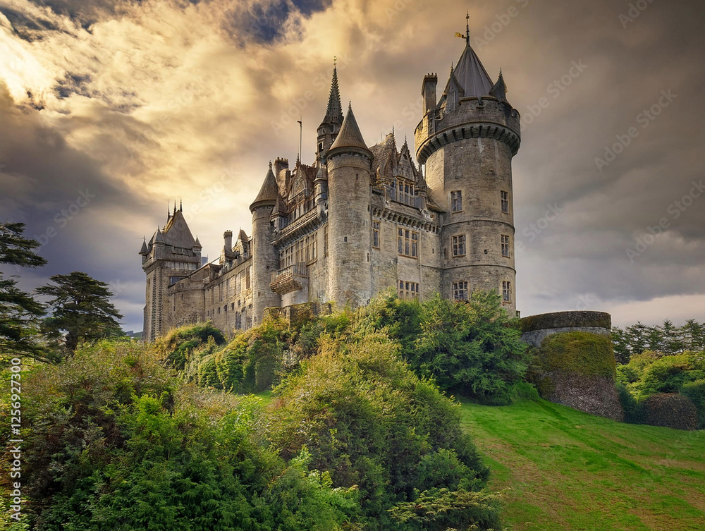 photo shows a magnificent ancient castle in the middle of the forest photo shows a magnificent ancient castle in the middle of the forest
