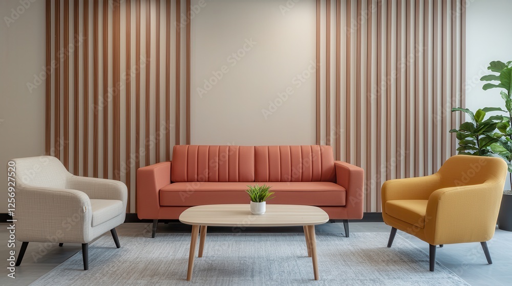Fototapeta premium A modern living room setup featuring a coral sofa, two stylish armchairs, a coffee table, and decorative elements against a sleek backdrop.