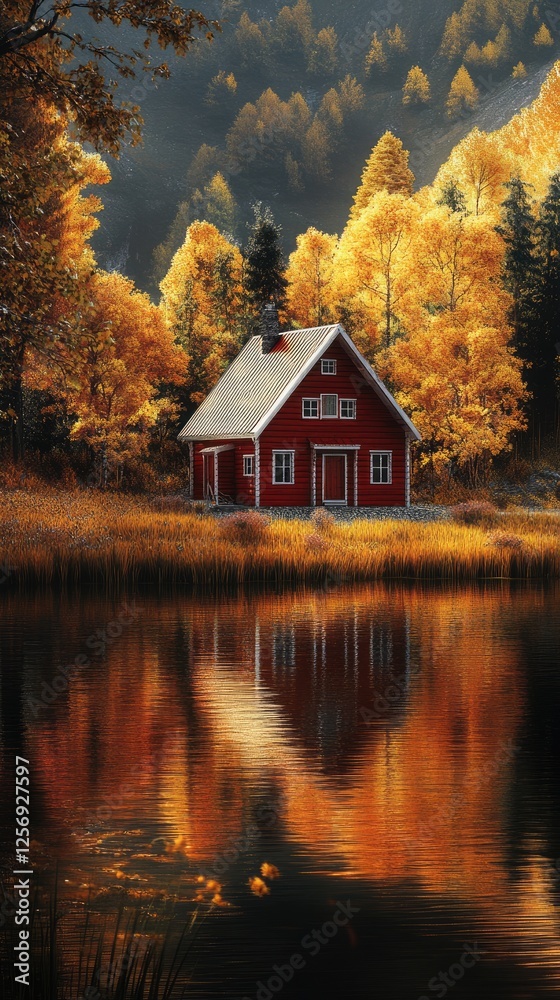 Red Cabin by the Lake in Autumn Red Cabin by the Lake in Autumn