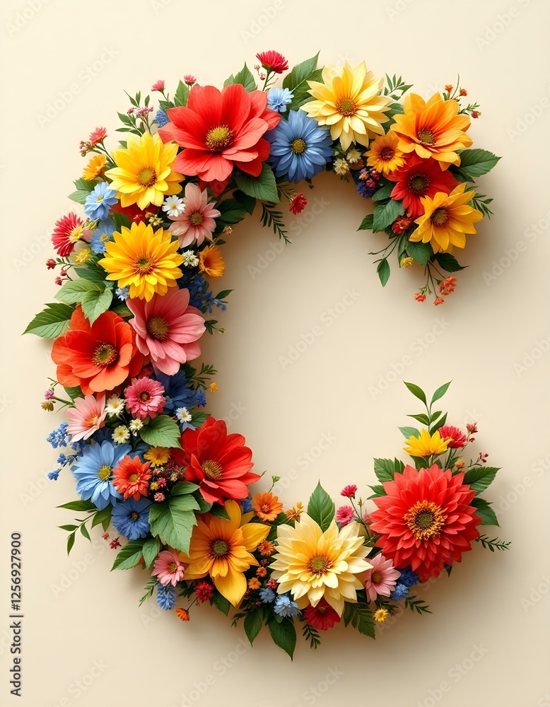Fototapeta premium letter, C, floral, flowers, vibrant, colorful, artistic, elegant, design, organic, natural, red, yellow, pink, blue, white, blooms, green, leaves, accents, beige, background, soft, texture, warm, 
