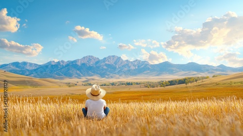 Child in wheat field, mountain view, serene landscape, summer day