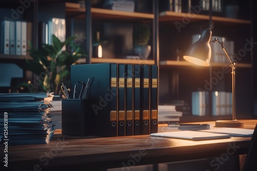 Modern Office Workspace with Organized Files and Warm Light