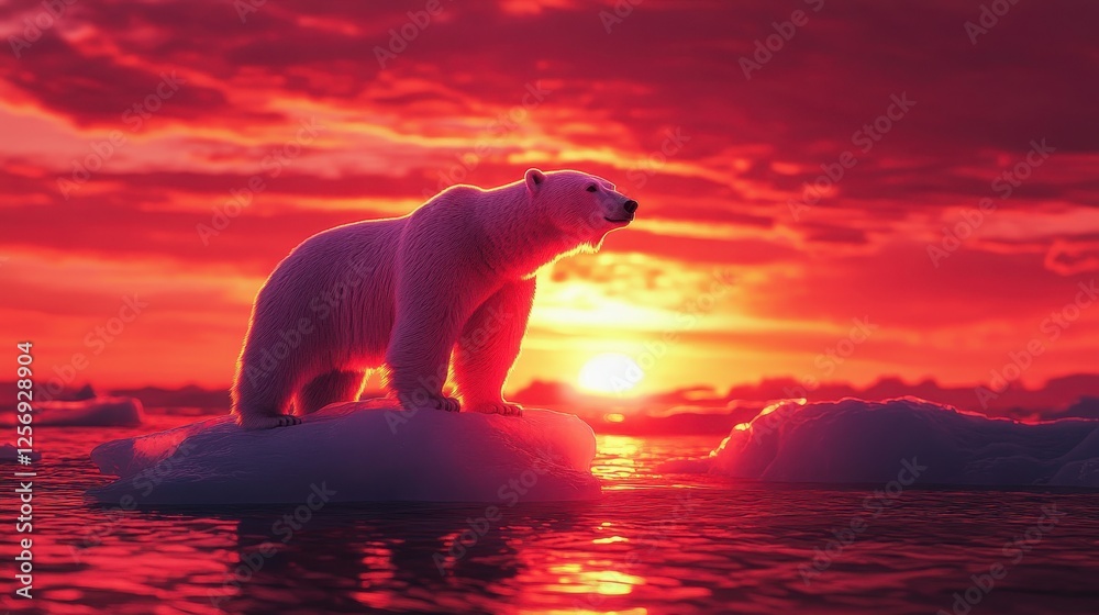 A majestic polar bear stands on an ice floe against a vibrant sunset, showcasing the beauty of nature and wildlife. A majestic polar bear stands on an ice floe against a vibrant sunset, showcasing the beauty of nature and wildlife.