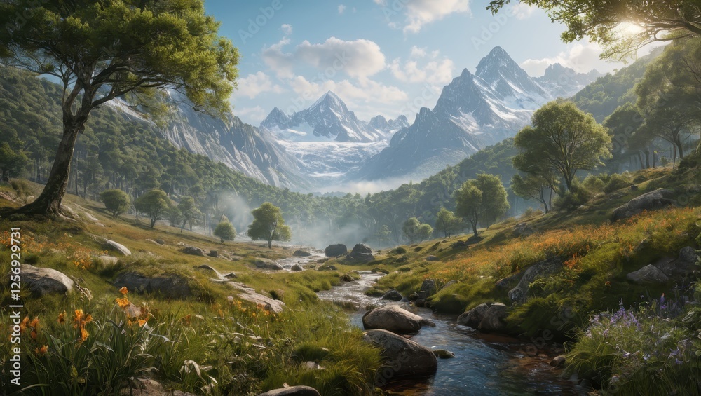 Obraz premium a serene valley framed by majestic mountains and vibrant flora