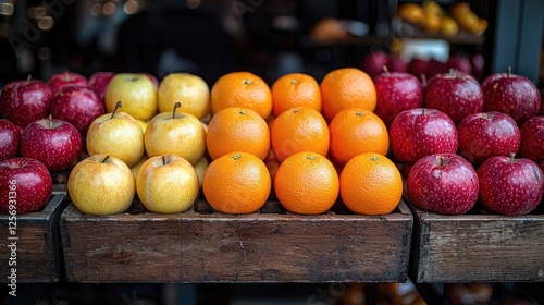 Freshly arranged apples and oranges on a wooden display in a vibrant market setting