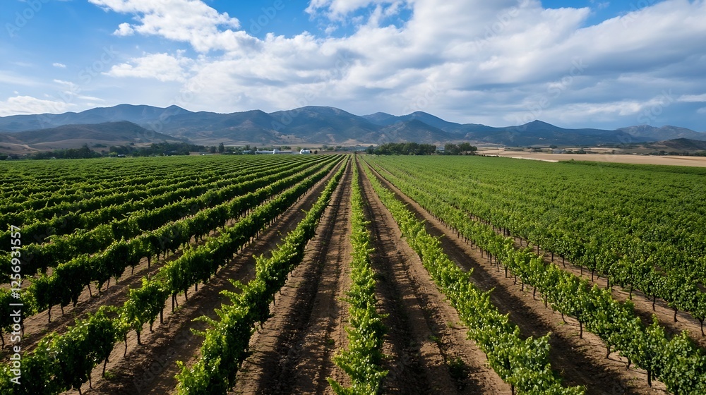 Expansive View of Lush Vineyard Rows with Mountains in the Background under a Cloudy Sky : Generative AI Expansive View of Lush Vineyard Rows with Mountains in the Background under a Cloudy Sky : Generative AI