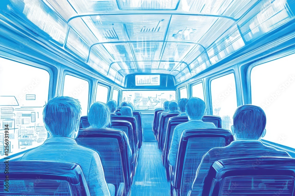 Fototapeta premium Interior View of a Bus Filled with Passengers in Blue Tone Art