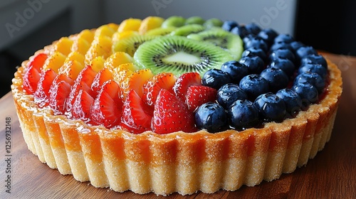 Colorful fruit tart arranged in a circular pattern on a wooden table with a soft background