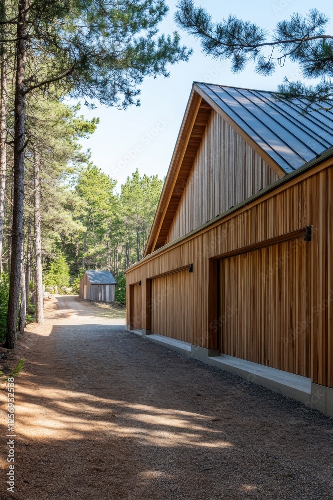Wooden structures align along a gravel path in a serene forest setting, showcasing sustainable architecture amidst lush greenery during a sunny day Wooden structures align along a gravel path in a serene forest setting, showcasing sustainable architecture amidst lush greenery during a sunny day