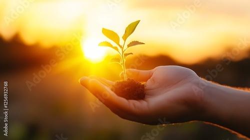 Hand holding a small plant against a stunning sunset symbolizing growth nature and sustainability in the environment : Generative AI