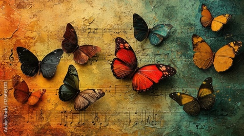 Colorful butterflies on a textured background with musical notes, evoking creativity and nature