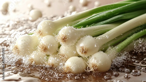 Fresh green onions splashing in water, showcasing their vibrant colors and textures