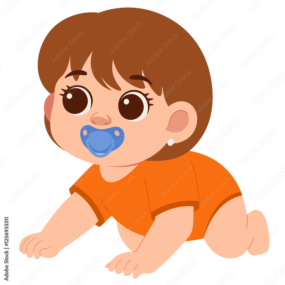 Crawling baby girl, pacifier, orange outfit, white background, children's book illustration Crawling baby girl, pacifier, orange outfit, white background, children's book illustration