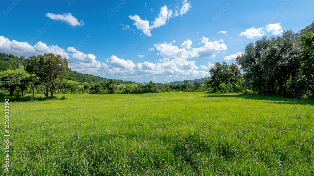 Wide Open Green Grassland Under Clear Blue Sky Wide Open Green Grassland Under Clear Blue Sky