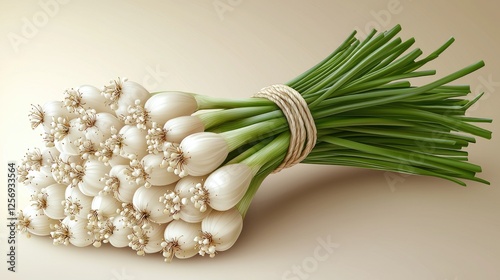 Freshly harvested green onions tied together, showcasing their vibrant colors and textures