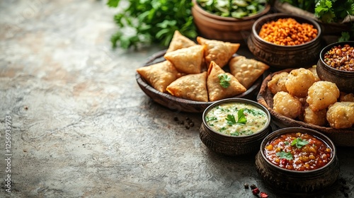 A vibrant display of assorted Indian snacks including samosas and chutneys on a rustic table