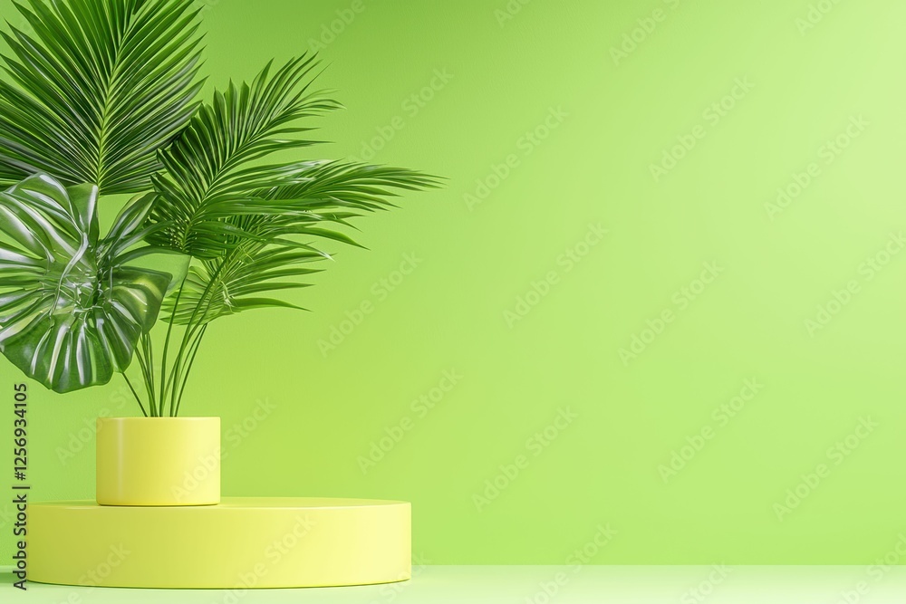 Fototapeta premium Plant Pot on Podium against Green Background Studio Shot