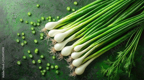 Fresh green onions arranged on a textured surface with scattered peas, showcasing vibrant colors