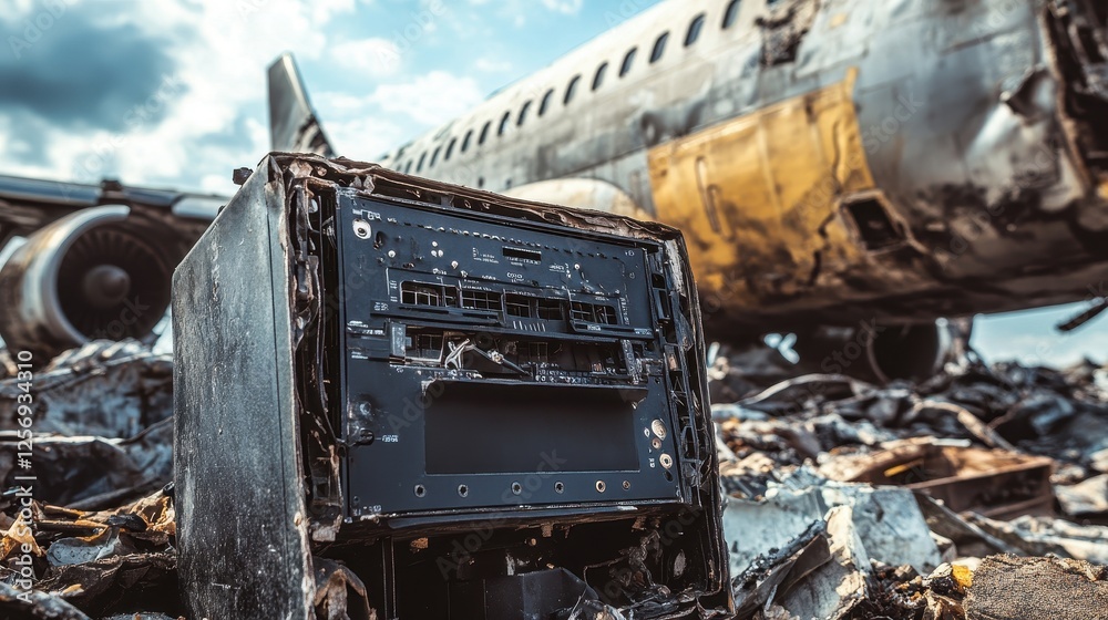 Black box surrounded by debris at an airplane crash site Black box surrounded by debris at an airplane crash site