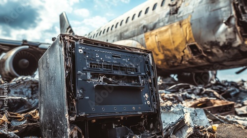 Black box surrounded by debris at an airplane crash site