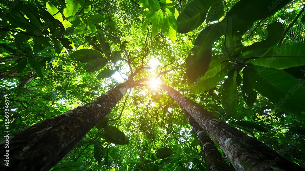 Fototapeta premium Lush green forest canopy with sunlight filtering through trees, creating a serene atmosphere (1)