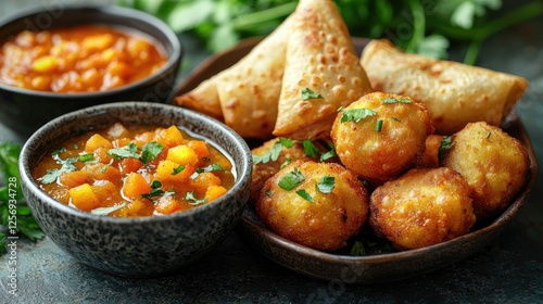 Delicious platter of crispy samosas and golden fried balls served with tangy chutney