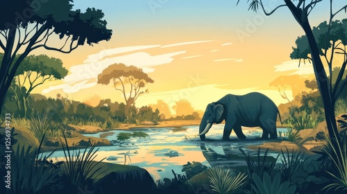 Elephant Drinking In African River Illustration photo