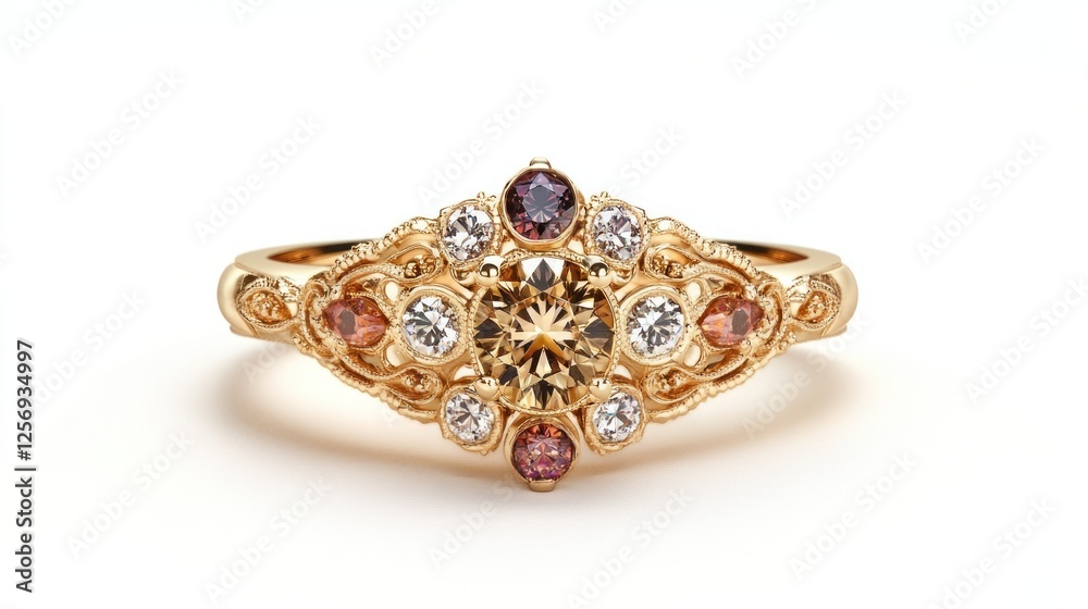 Fototapeta premium Ornate Gold Ring with Colorful Gemstones