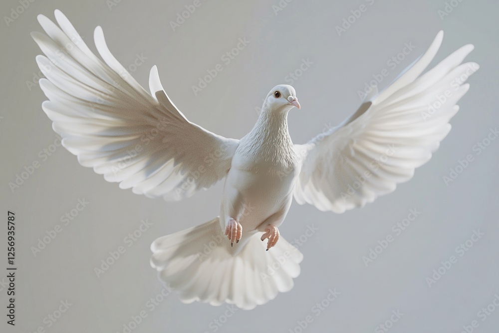 Obraz premium White Dove Soaring Gracefully, Wings Spread Wide in Flight, Peaceful Symbol of Hope and Serenity. Avian Beauty, Nature's Wonder.