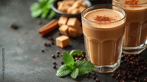 Refreshing spiced drink in glasses with mint leaves, sugar cubes, and coffee beans on a dark table
