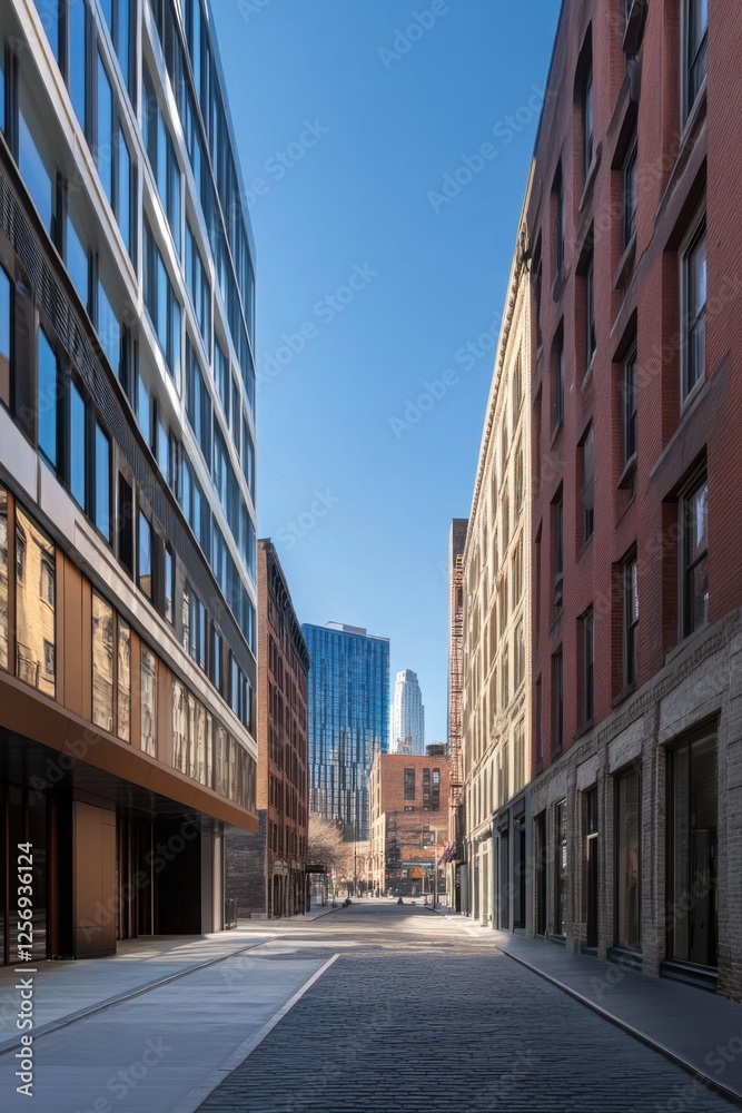 Fototapeta premium Modern buildings line a quiet street in an urban setting, showcasing a mix of historical and contemporary architecture under a clear blue sky