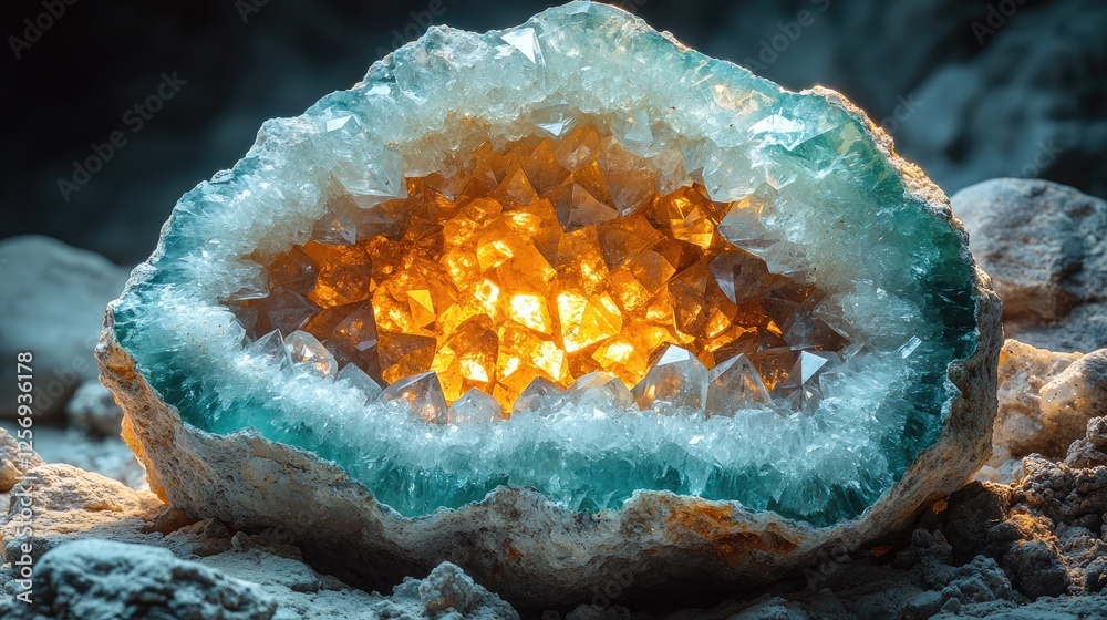 Obraz premium Glowing Geode with Crystal Formation Illuminated by Natural Light in a Rocky Environment