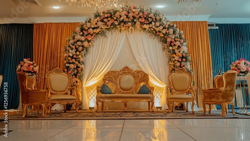 Ornate wedding stage with floral decorations and golden chairs for events