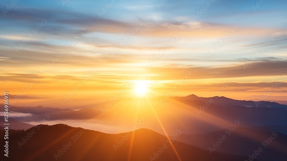 Stunning view of a vibrant sunrise illuminating mountain peaks and the sky with warm colors : Generative AI Stunning view of a vibrant sunrise illuminating mountain peaks and the sky with warm colors : Generative AI