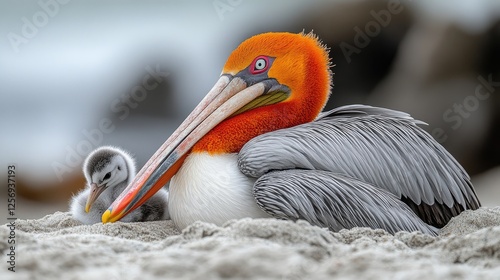 A mother pelican resting on the sandy beach with her chick, ocean waves gently rolling in the background