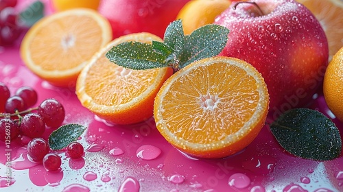Freshly sliced oranges and apples with droplets on a vibrant pink background, showcasing fruit freshness