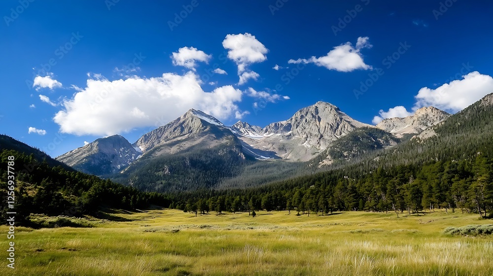 Breathtaking view of a mountainous landscape with lush greenery and fluffy clouds under a blue sky : Generative AI Breathtaking view of a mountainous landscape with lush greenery and fluffy clouds under a blue sky : Generative AI